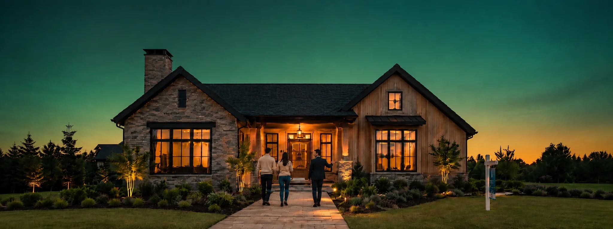 A warm-lit modern farmhouse at dusk as a real-estate agent shows a couple into the home